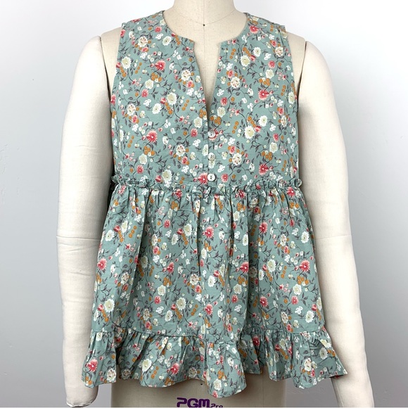 Ces Femme Cotton Ditsy Floral Print Ruffle Trim Babydoll Swing Tank Top Blouse - Picture 5 of 15